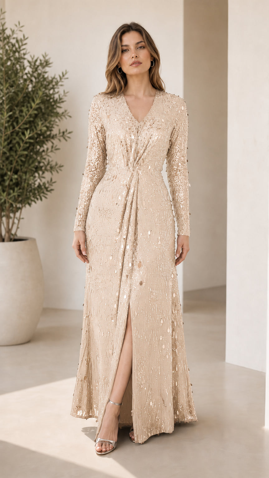 Front view of champagne sequin maxi dress