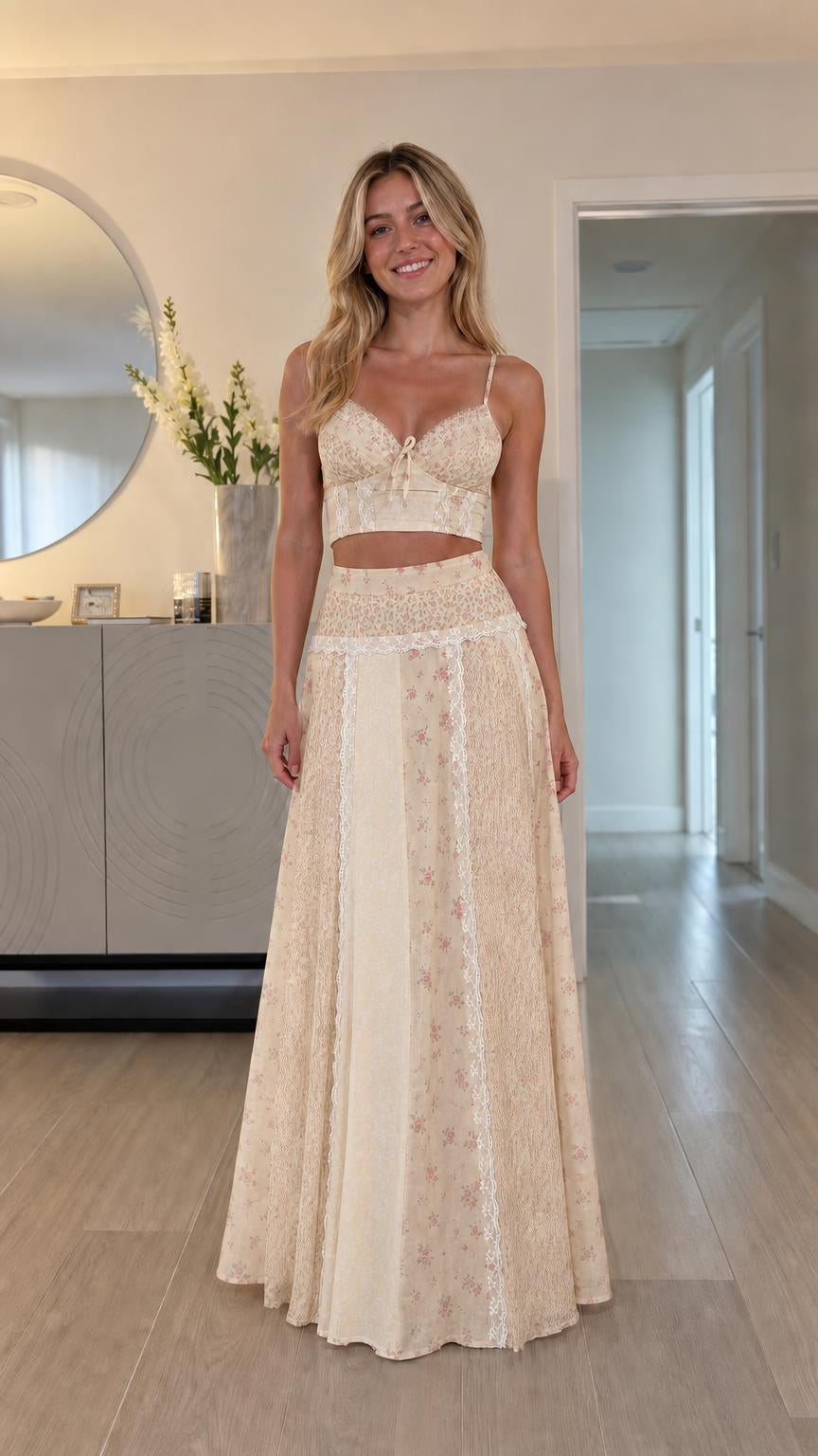 Model wearing cream tonal floral patchwork two-piece set