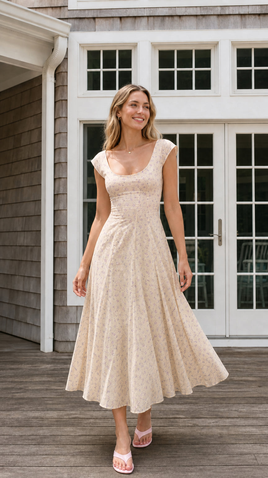 Front view of beige floral midi dress on model