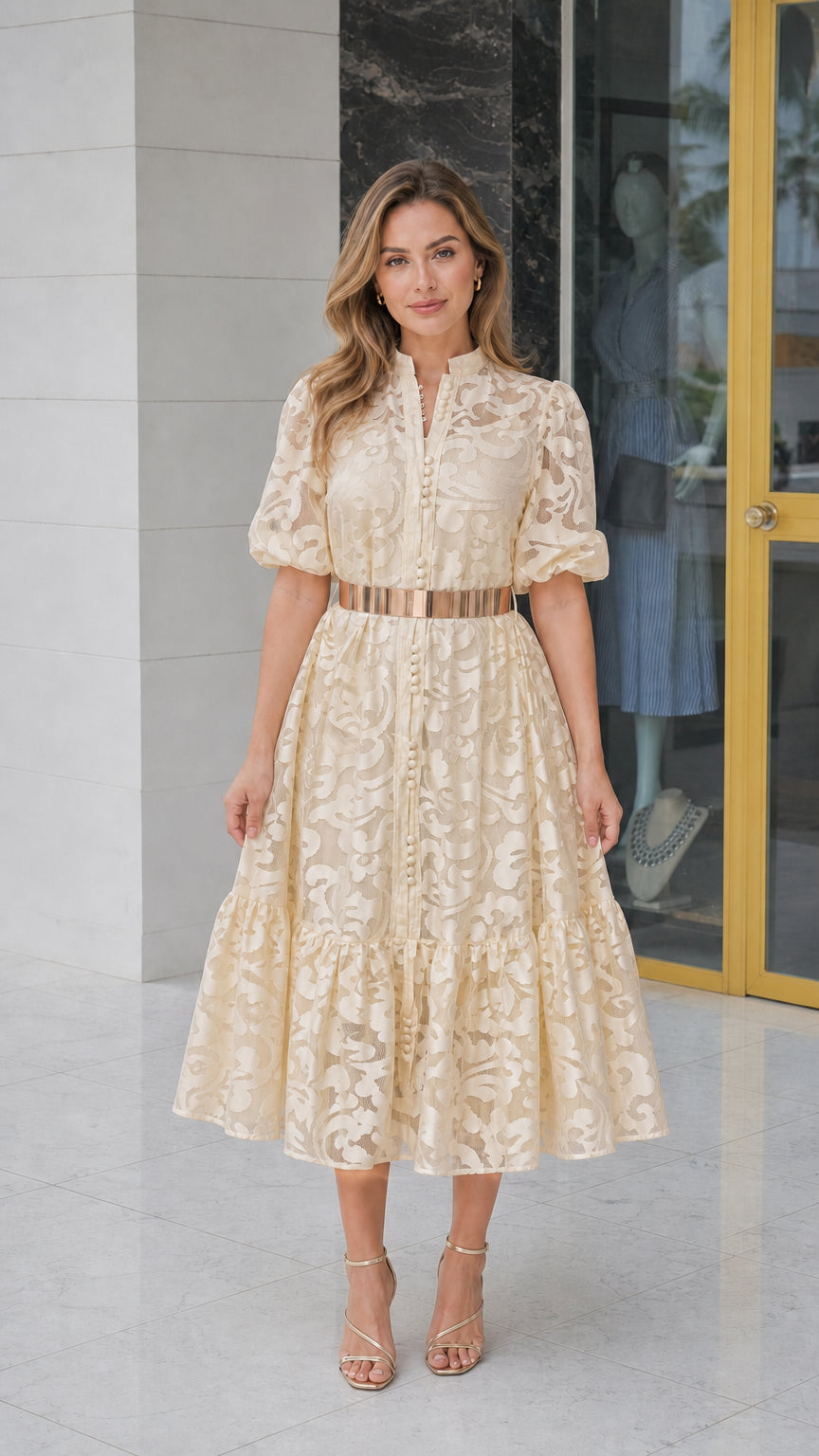 Model wearing champagne lace midi dress