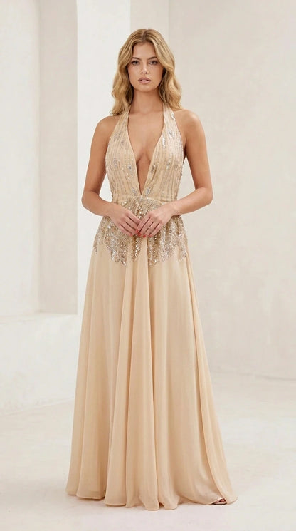 Front view of champagne evening gown variant