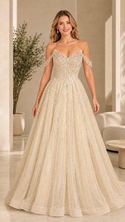 Front view of champagne beaded tulle ball gown