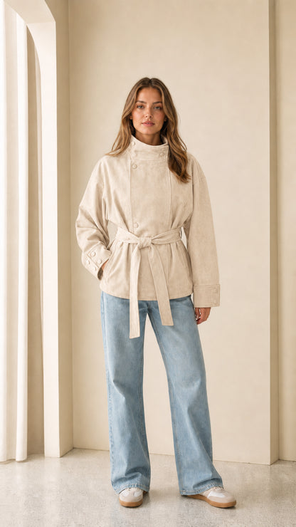 Woman wearing cream faux suede belted jacket