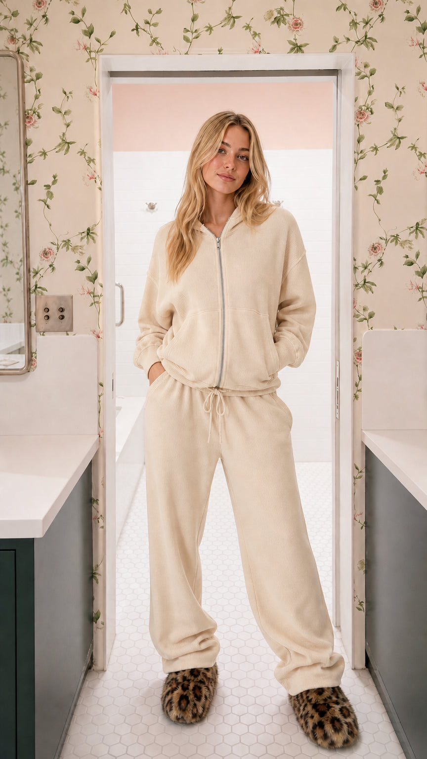 Model wearing beige oatmeal two-piece ribbed knit zip-up hoodie and wide-leg lounge set