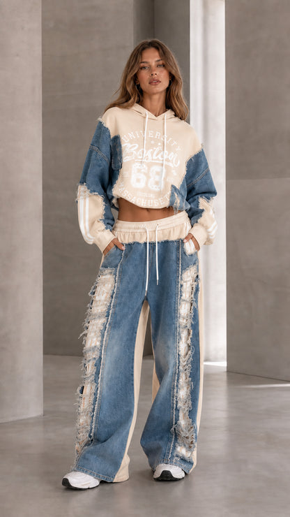 Cream beige denim patchwork cropped hoodie and wide leg sweatpants set