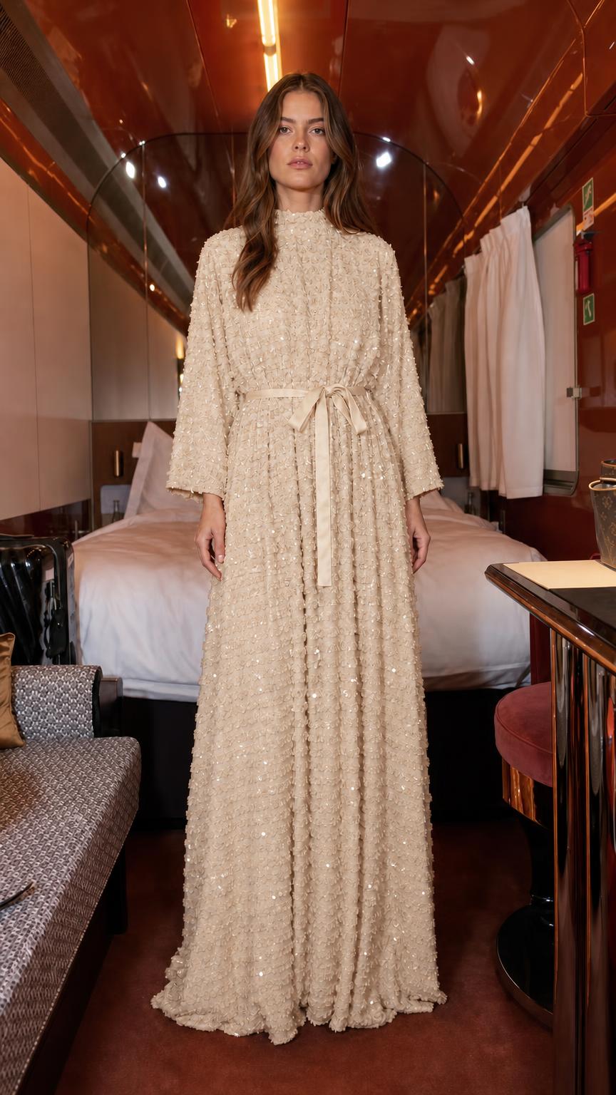Front view of champagne textured sequin maxi dress