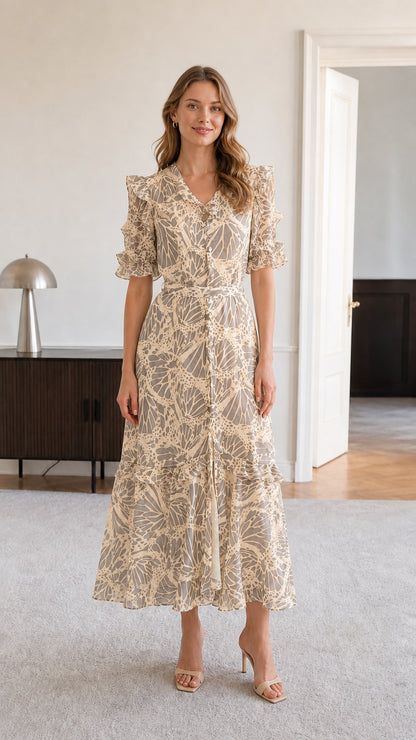 Model wearing beige neutral floral print tiered midi dress