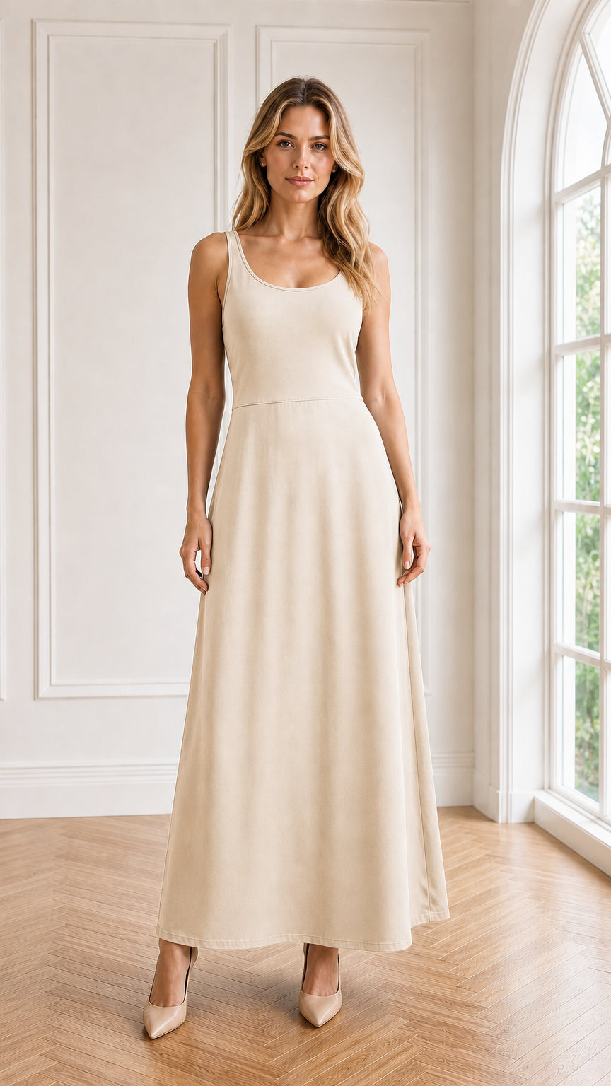 Front view of model wearing cream beige sleeveless scoop neck maxi dress
