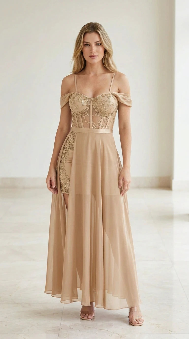 Front view of champagne evening gown