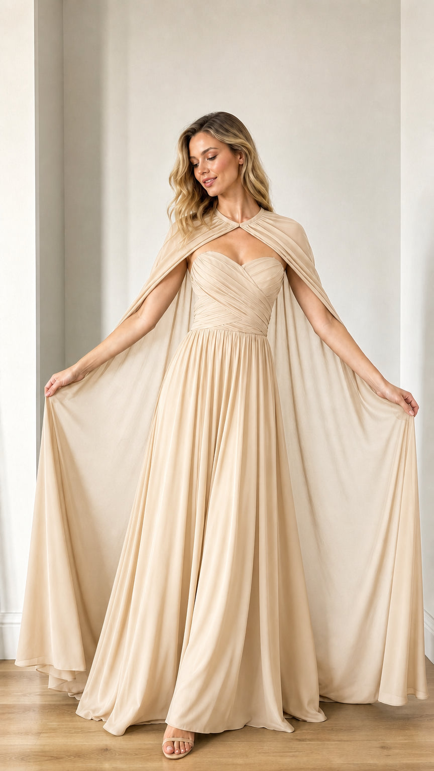 Front view of champagne evening dress with attached cape