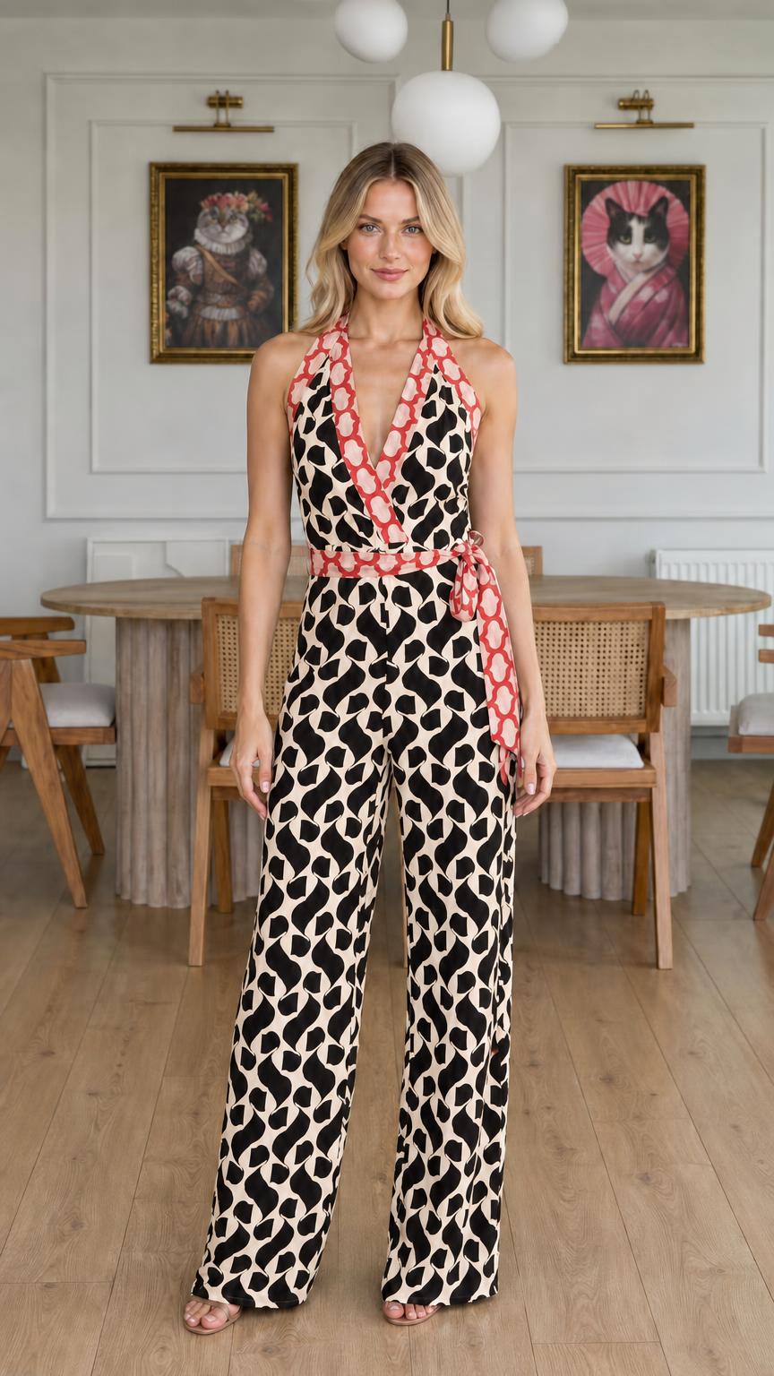 Front view of black and tan color variant jumpsuit