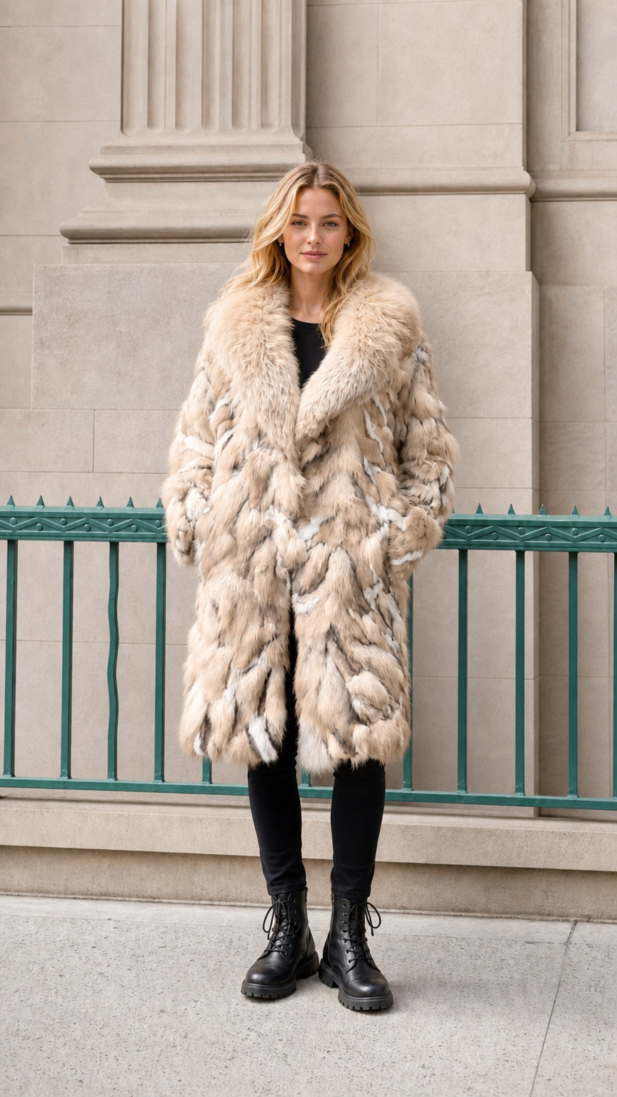 Model wearing beige neutral faux fur coat