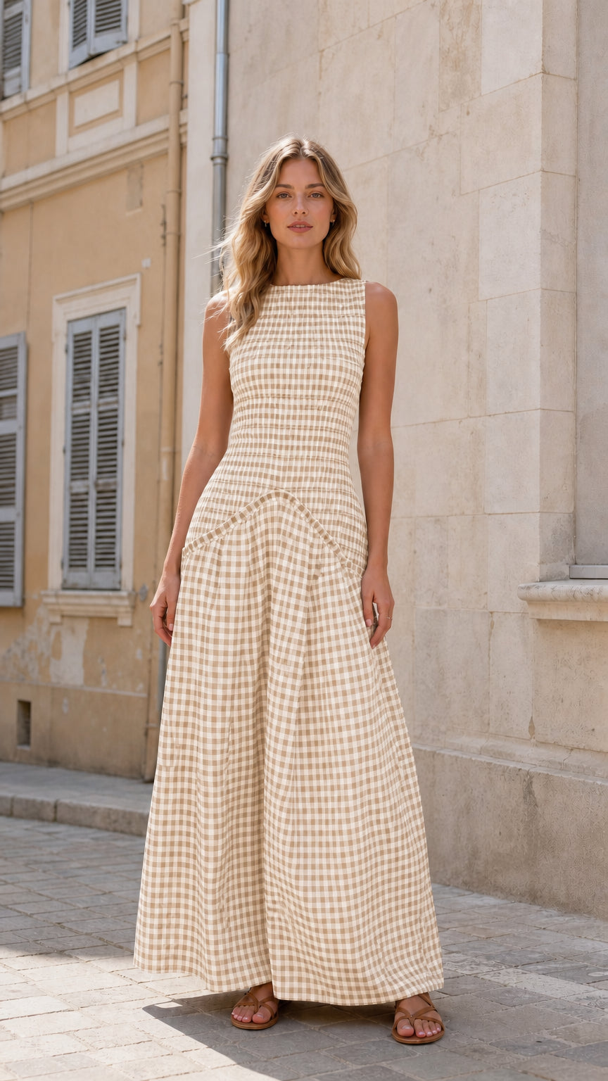 Model wearing beige gingham maxi dress