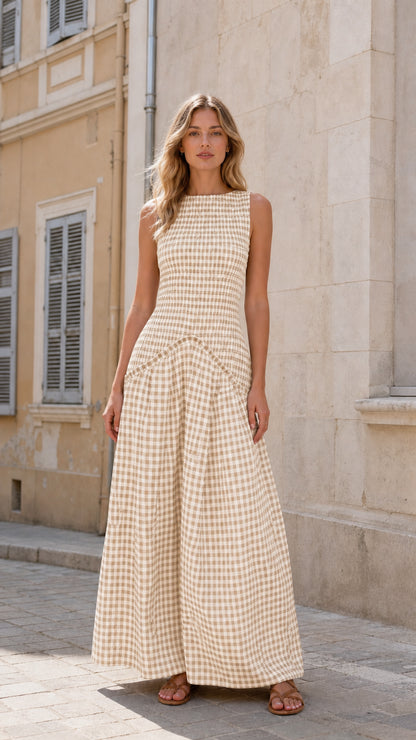 Model wearing beige gingham maxi dress
