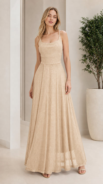 Model wearing champagne sparkle formal evening dress