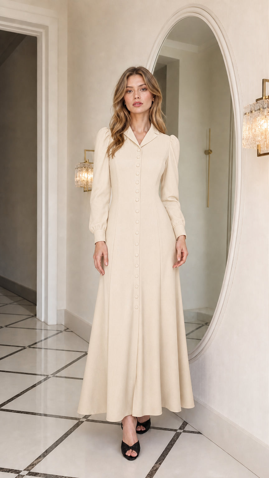 Full length view of woman wearing beige long sleeve maxi dress
