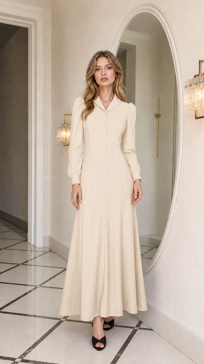 Full length view of woman wearing beige long sleeve maxi dress
