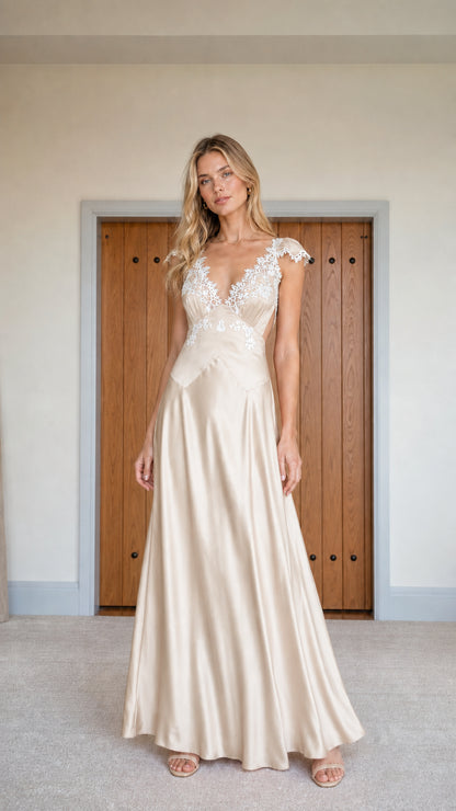 Full view of champagne satin lace-trim maxi dress variant