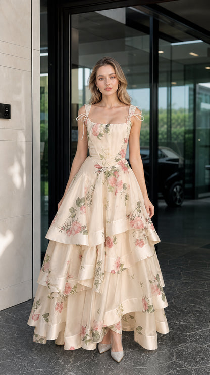 Woman wearing champagne floral tiered maxi dress