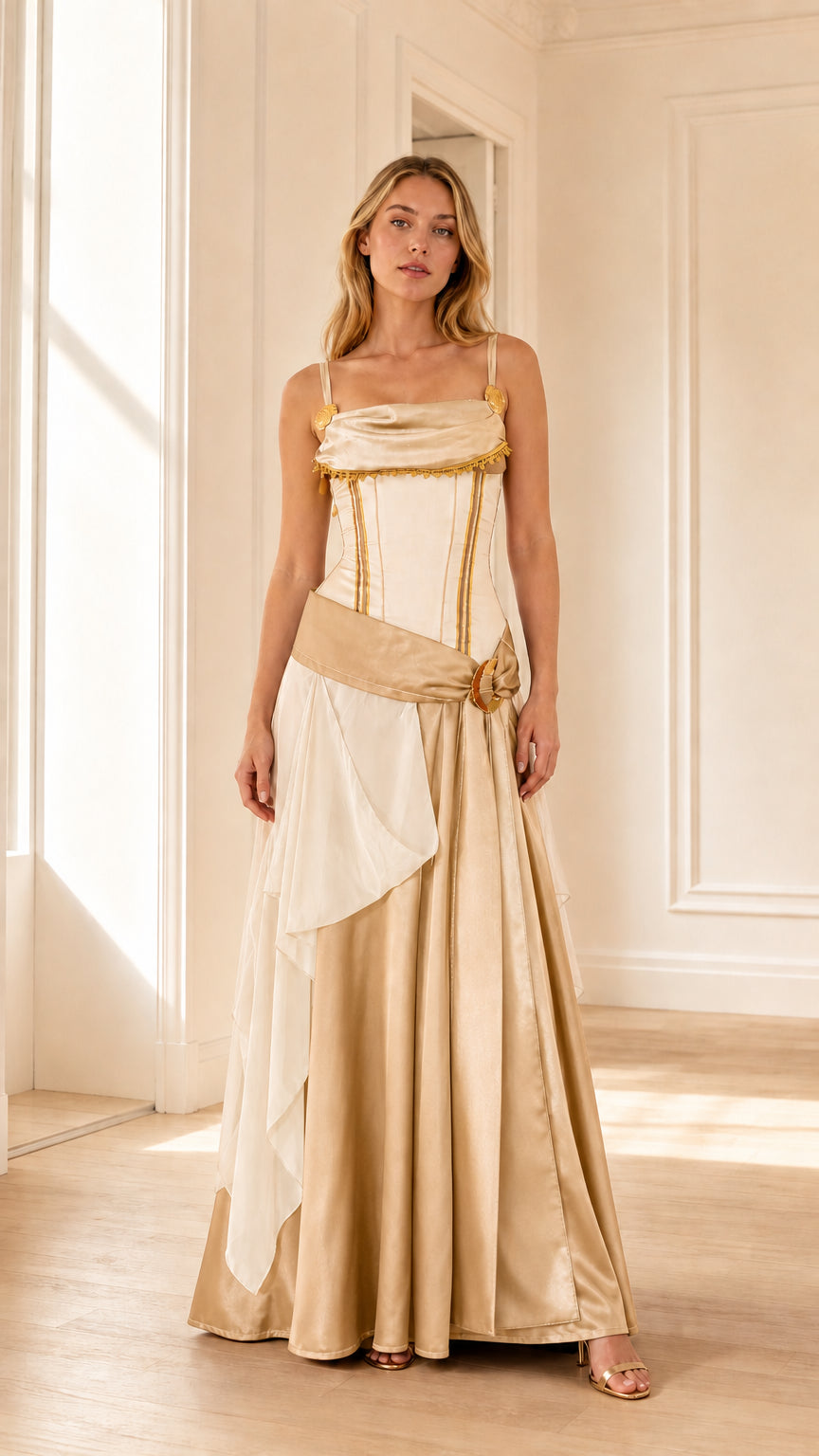Full-length view of woman wearing champagne gold Renaissance corset maxi dress