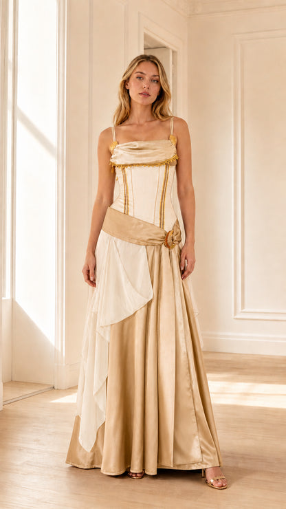 Full-length view of woman wearing champagne gold Renaissance corset maxi dress