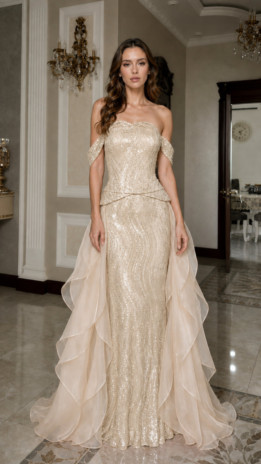 Front view of champagne evening gown variant