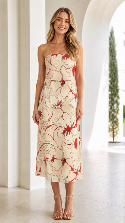 Front view of beige and red floral strapless midi dress variant