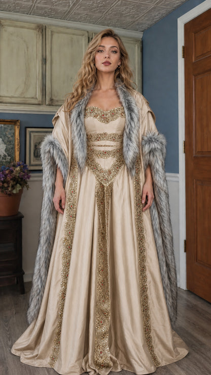 Front view of the beige Renaissance medieval gown variant