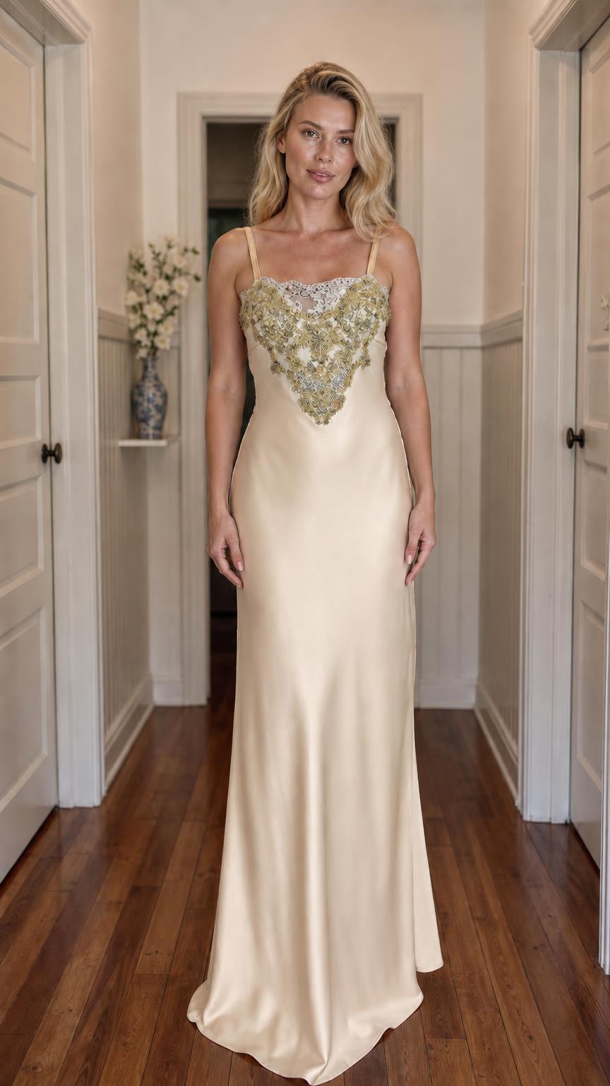 Front view of model wearing champagne satin maxi slip dress