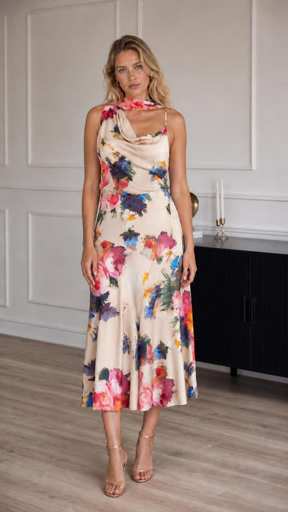 Model wearing cream floral print satin midi dress