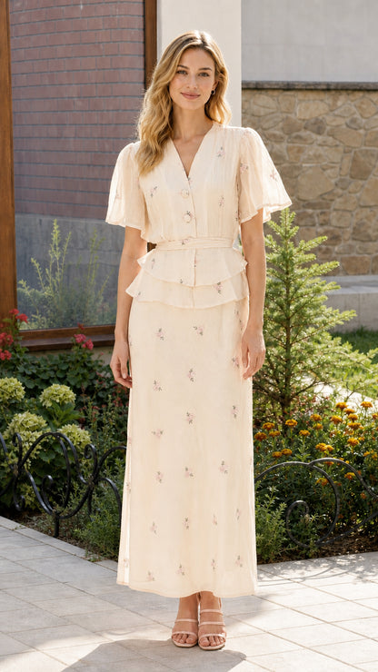 Front view of cream color variant of two-piece peplum maxi set
