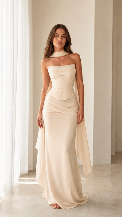Model wearing the Champagne strapless corset evening dress