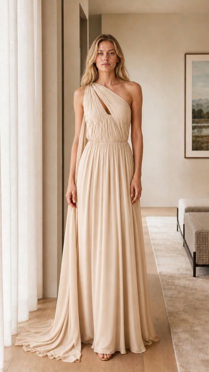Champagne one-shoulder pleated maxi evening dress