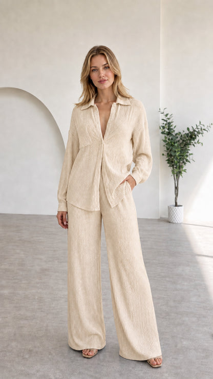 Full view of model in beige textured two-piece lounge set