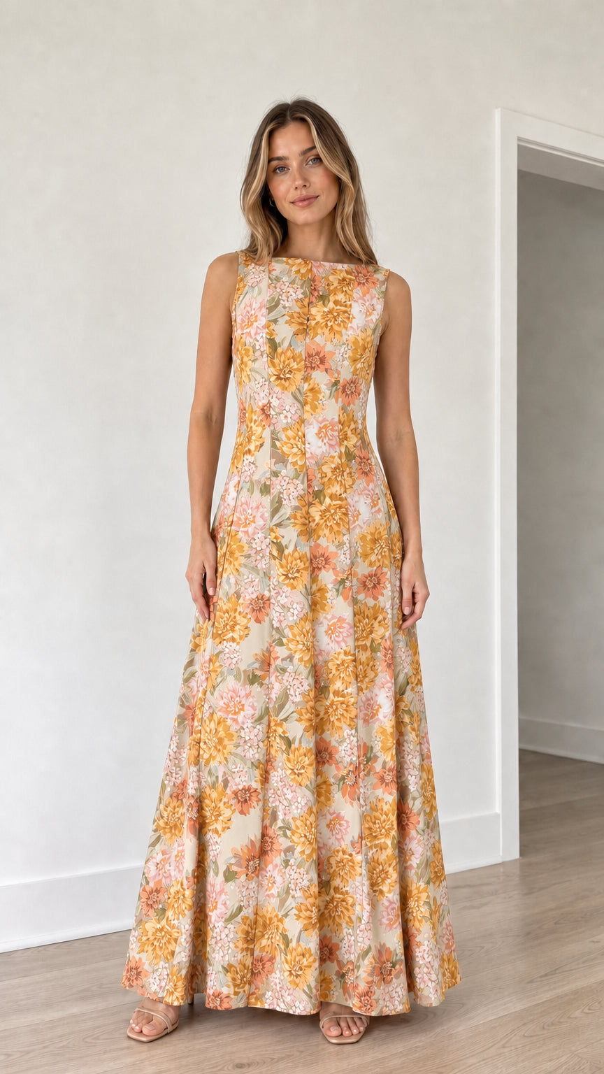 Woman wearing yellow floral print maxi dress