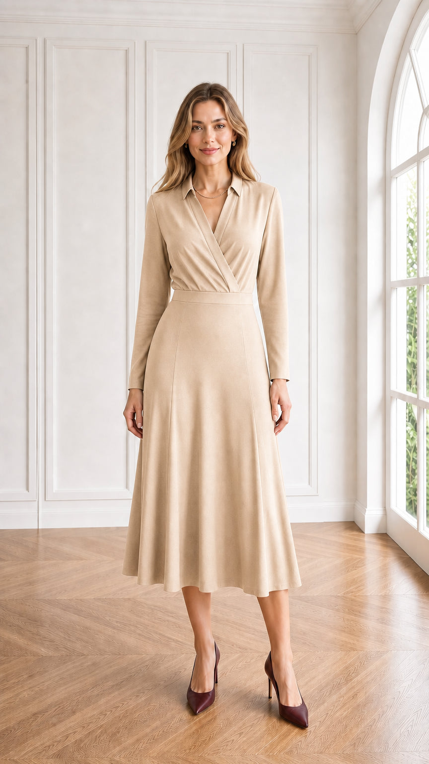 Beige collared wrap long sleeve midi dress on model