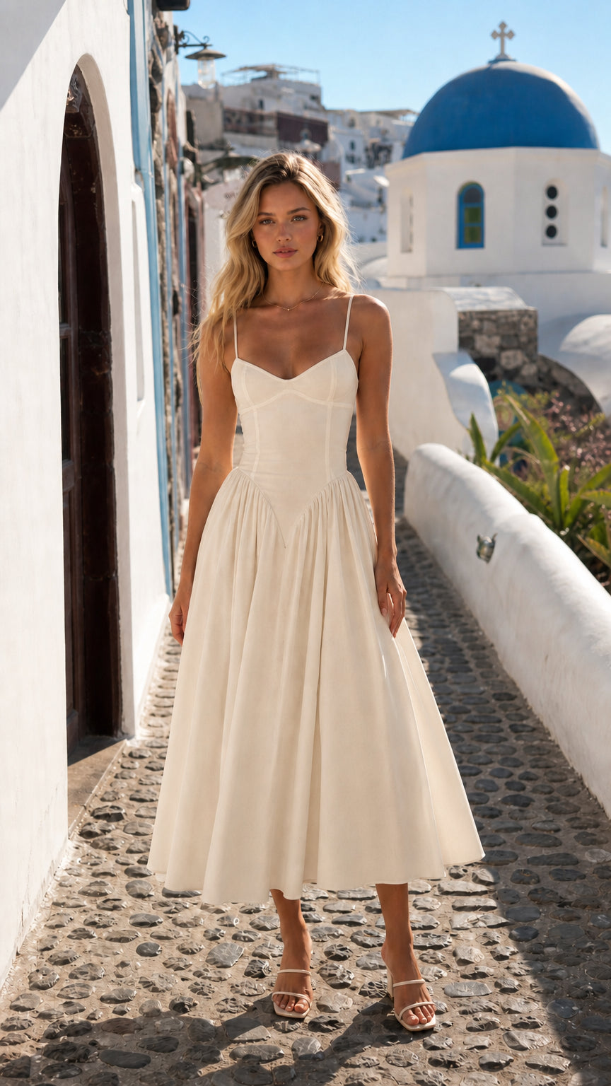 Woman wearing beige corset midi dress outdoors