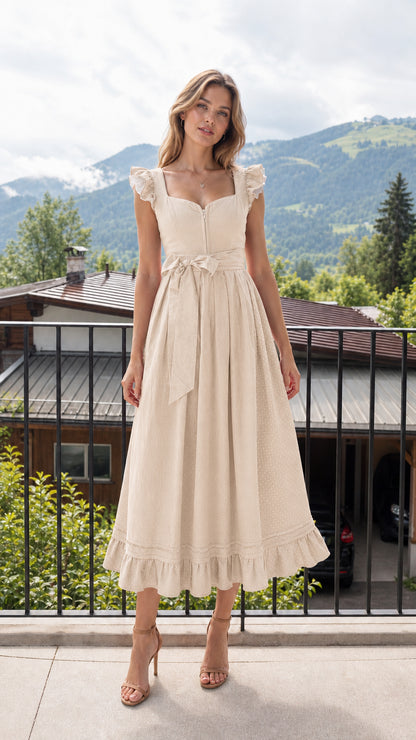 Front view of woman wearing beige midi dress
