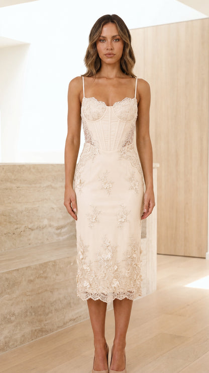 Front view of champagne corset midi dress