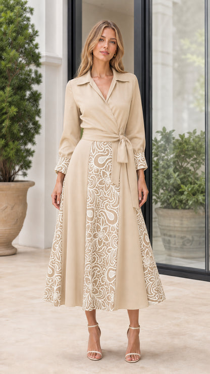Front view of woman wearing Khaki embroidered midi shirt dress