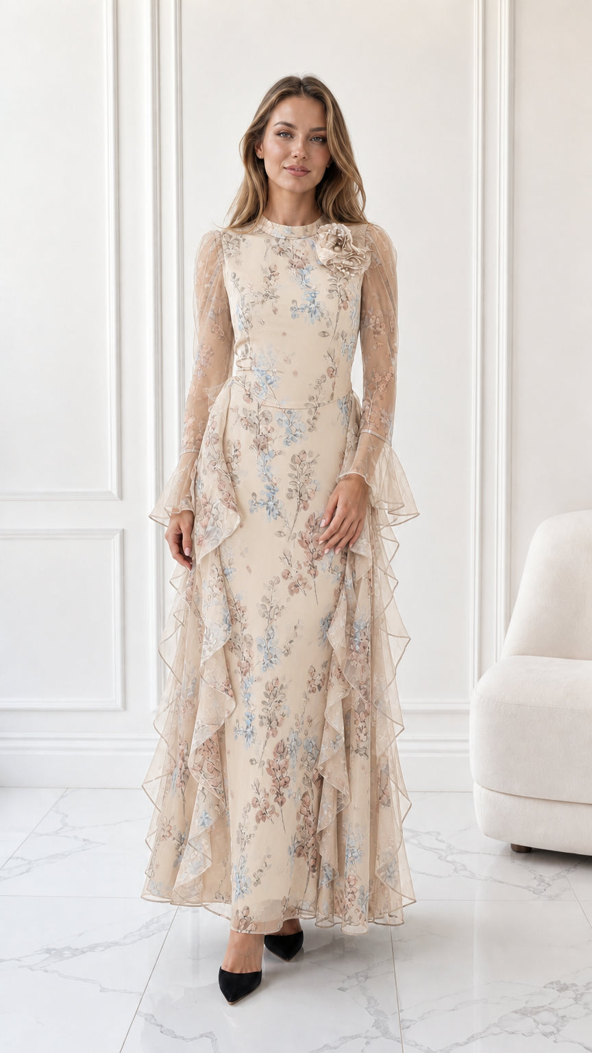 Model wearing champagne beige floral chiffon long sleeve maxi dress