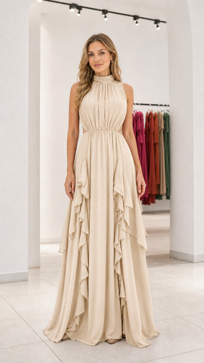 Front view of champagne evening maxi dress