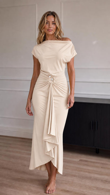 Full view of model wearing the beige color variant