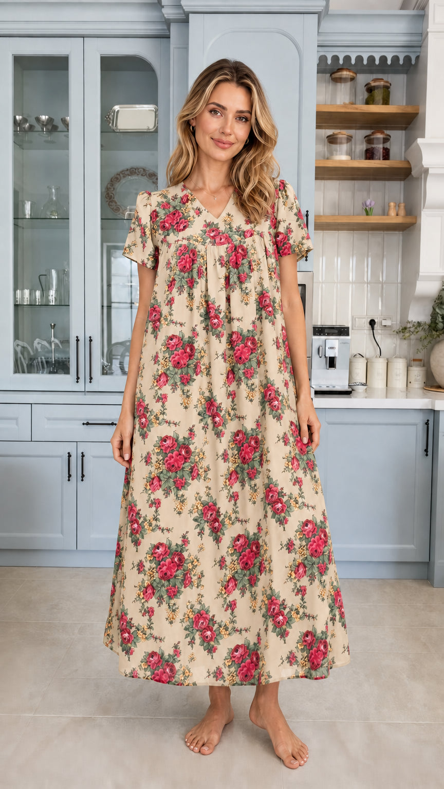 Model wearing cream beige floral print short sleeve maxi lounge dress