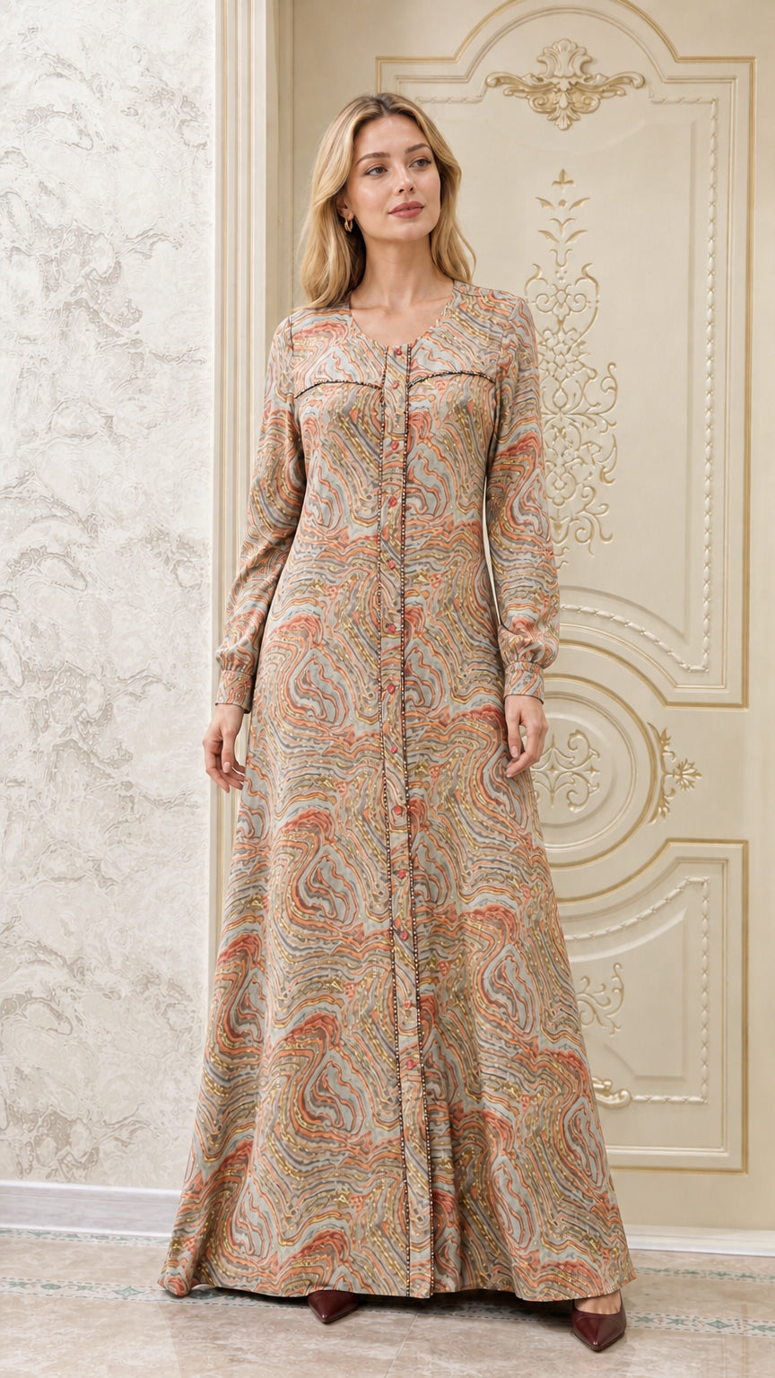 Front view of model wearing beige multi swirl print long sleeve maxi dress