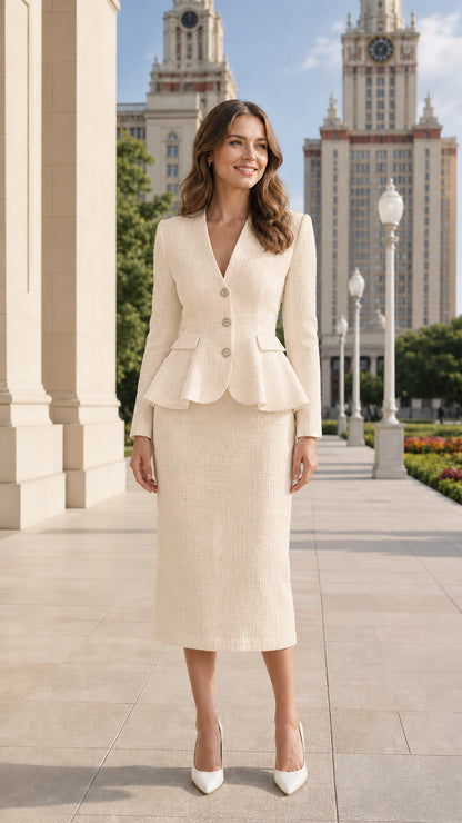 Model wearing champagne cream peplum blazer and midi skirt set