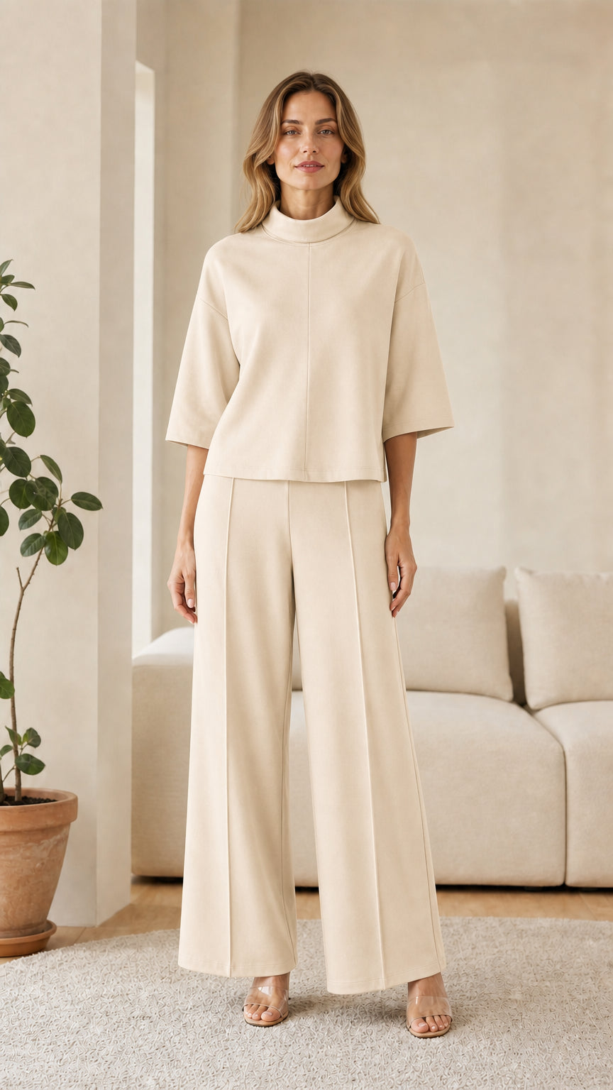 Woman wearing cream neutral lounge set