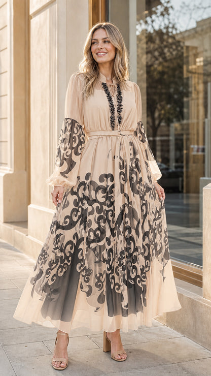 Beige and black long sleeve scroll print chiffon maxi dress