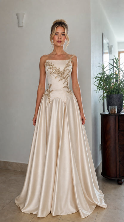 Front view of champagne satin formal evening gown
