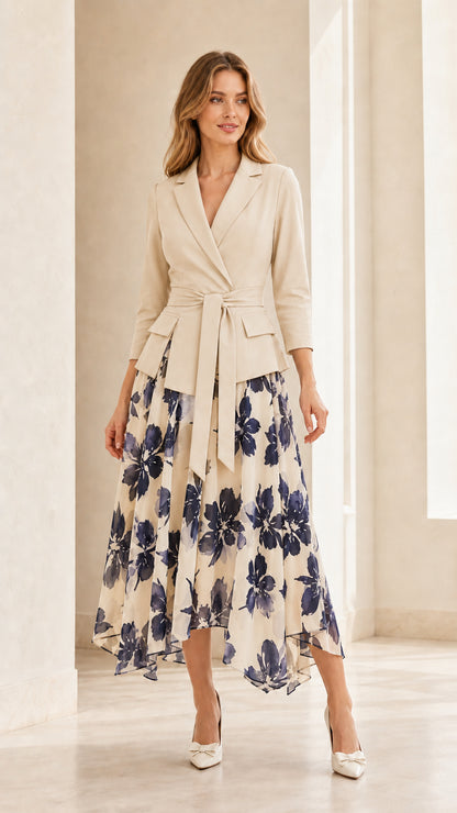 Full length view of woman wearing beige blazer style floral midi dress
